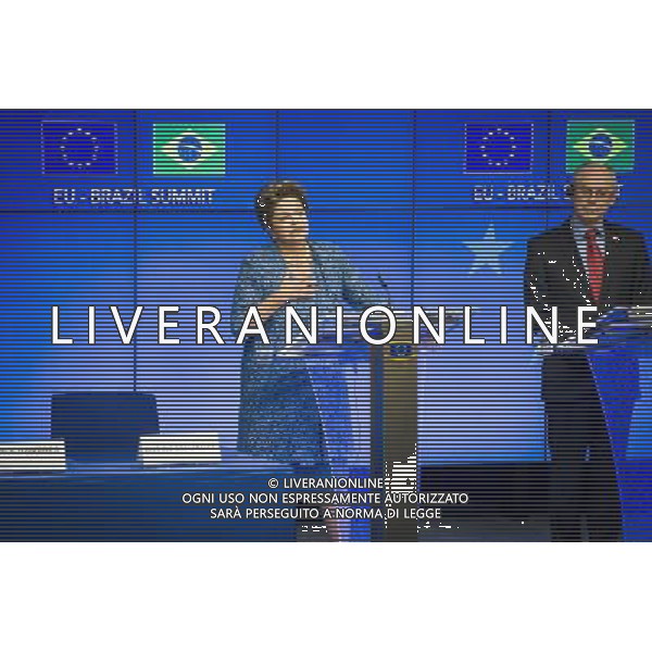 (L-R) Brazil\'s President Dilma Rousseff, Herman Van Rompuy , the president of the European Council hold press conference at the end of an EU-Brazil summit in Brussels, Belgium on 24.02.2014 by Wiktor Dabkowski ©photoshot/AGENZIA ALDO LIVERANI SAS - ITALY ONLY - Conferenza stampa del Consiglio europeo al termine di un vertice UE-Brasile a Bruxelles, in Belgio 24 febbraio 2014