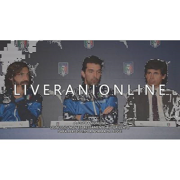 Raduno della nazionale di calcio presso l\'Hotel Sheraton Malpensa, Conferenza stampa del CT e presentazione nuova maglia PUMA - Varese 03 marzo 2014 Nella foto: Andrea Pirlo, Gianluii Buffon, Demetrio Albertini ©gazzaniga/AGENZIA ALDO LIVERANI SAS