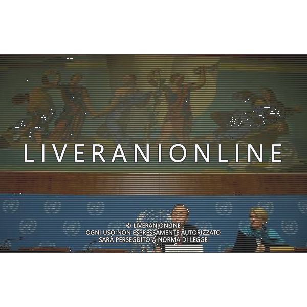 (140303) -- GENEVA, March 3, 2014 () -- United Nations Secretary-General Ban Ki-moon (L) attends a press conference on Syria crisis in Geneva, Switzerland, Mar. 3, 2014. Ban Ki-moon reemphasized on Monday here the importance of ending the almost 3-year-old Syria crisis through peaceful solution and of bringing parties back to negotiating table. (/Wang Siwei) AG ALDO LIVERANI SAS ONLY ITALY