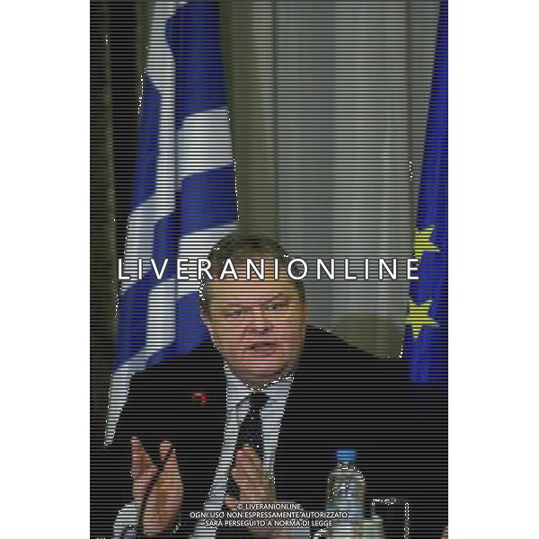 (140304) -- ATHENS, March 4, 2014 () -- Greek Deputy Prime Minister and Foreign Minister Evangelos Venizelos addresses a press briefing in Athens, Greece, March 4, 2014. The Greek Presidency of the European Union strongly condemns the terrorist attack at China\'s Yunnan province, Greek Deputy Prime Minister and Foreign Minister Evangelos Venizelos told on Tuesday. (/Marios Lolos) AG ALDO LIVERANI SAS ONLY ITALY