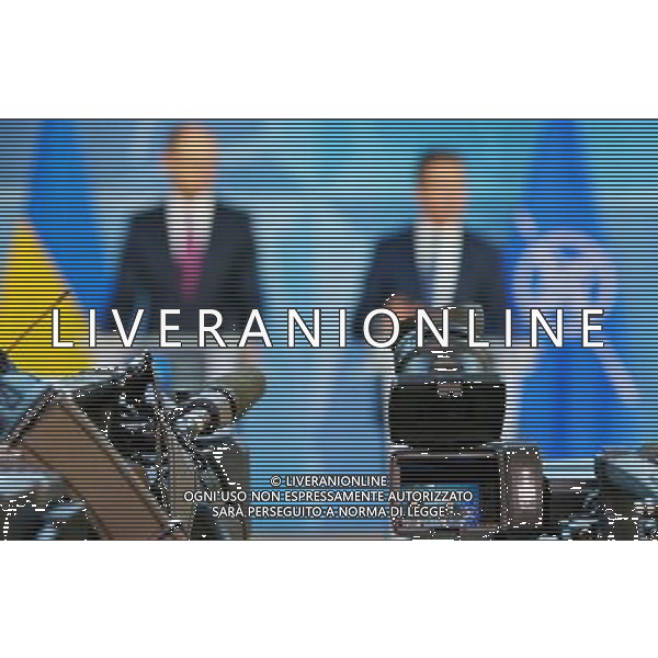 (140307) -- BRUSSELS, March 7, 2014 () -- The screen of a camera displays that Ukrainian Prime Minister Arseniy Yatsenyuk (L) and NATO Secretary General Anders Fogh Rasmussen attend a press conference at the NATO headquarters in Brussels, capital of Belgium, March 6, 2014. (/Gong Bing) AG ALDO LIVERANI SAS ONLY ITALY