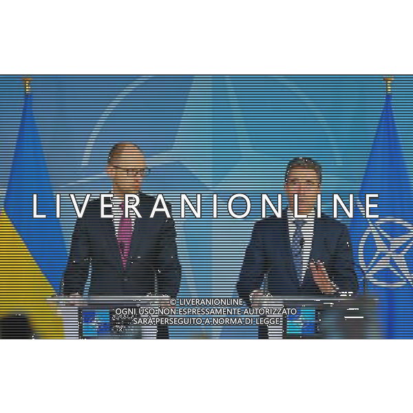 (140307) -- BRUSSELS, March 7, 2014 () -- Ukrainian Prime Minister Arseniy Yatsenyuk (L) and NATO Secretary General Anders Fogh Rasmussen attend a press conference at the NATO headquarters in Brussels, capital of Belgium, March 6, 2014. (/Gong Bing) AG ALDO LIVERANI SAS ONLY ITALY
