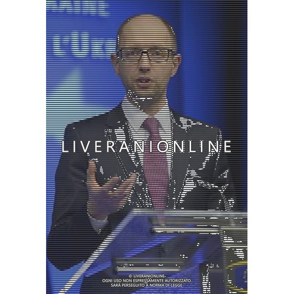 (140306) -- BRUSSELS, March 6, 2014 () -- Ukrainian interim Prime Minister Arseniy Yatsenyuk addresses a press conference at EU-Ukraine head of states Summit at the EU headquarters in Brussels, capital of Belgium, March 6, 2014. (/Ye Pingfan) ©PPHOTOSHOT/AGENZIA ALDO LIVERANI SAS - ITALY ONLY - Vertice UE-Ucraina degli stati presso la sede dell\'Unione europea a Bruxelles , capitale del Belgio, 6 marzo 2014.