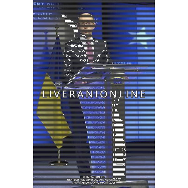 (140306) -- BRUSSELS, March 6, 2014 () -- Ukrainian interim Prime Minister Arseniy Yatsenyuk addresses a press conference at EU-Ukraine head of states Summit at the EU headquarters in Brussels, capital of Belgium, March 6, 2014. (/Ye Pingfan) ©PPHOTOSHOT/AGENZIA ALDO LIVERANI SAS - ITALY ONLY - Vertice UE-Ucraina degli stati presso la sede dell\'Unione europea a Bruxelles , capitale del Belgio, 6 marzo 2014.