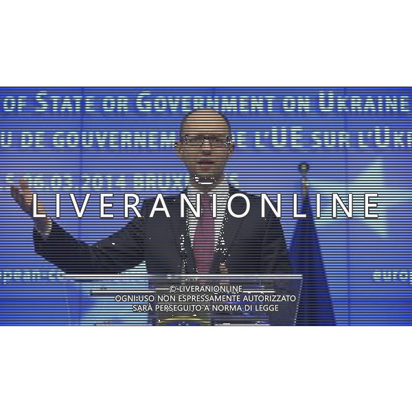 (140306) -- BRUSSELS, March 6, 2014 () -- Ukrainian interim Prime Minister Arseniy Yatsenyuk addresses a press conference at EU-Ukraine head of states Summit at the EU headquarters in Brussels, capital of Belgium, March 6, 2014. (/Ye Pingfan) ©PPHOTOSHOT/AGENZIA ALDO LIVERANI SAS - ITALY ONLY - Vertice UE-Ucraina degli stati presso la sede dell\'Unione europea a Bruxelles , capitale del Belgio, 6 marzo 2014.