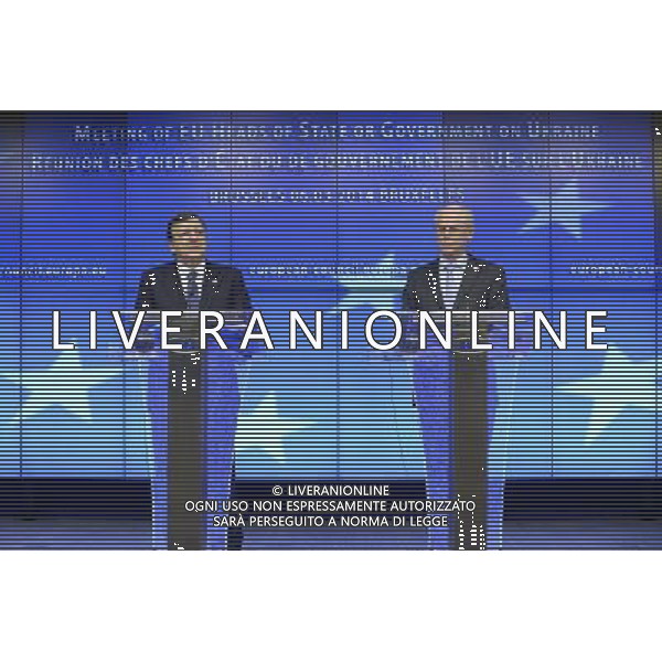 (140306) -- BRUSSELS, March 6, 2014 () -- European Commission President Jose Manuel Barroso (L) and European Council President Herman Van Rompuy attend a press conference after EU-Ukraine head of states Summit at the EU headquarters in Brussels, capital of Belgium, March 6, 2014. (/Ye Pingfan) ©PPHOTOSHOT/AGENZIA ALDO LIVERANI SAS - ITALY ONLY - Vertice UE-Ucraina degli stati presso la sede dell\'Unione europea a Bruxelles , capitale del Belgio, 6 marzo 2014.