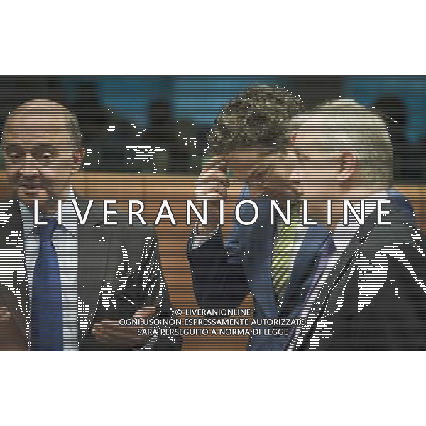 (L-R) French finance minister Pierre Moscovici , Eurogroup President Dutch Finance Minister Jeroen Dijsselbloem and Olli Rehn the European Commissioner in charge of the Monetary Affairs prior to the Eurogroup Finance Ministers meeting at the EU council headquarters in Brussels, Belgium on 10.03.2014 The Eurogroup is to discuss Winter 2014 European economic forecast by the European Commission, European Stability Mechanism (ESM) direct bank recapitalization instrument and economic adjustment programme in Cyprus, Greece and Portugal. by Wiktor Dabkowski AG ALDO LIVERANI SAS ONLY ITALY
