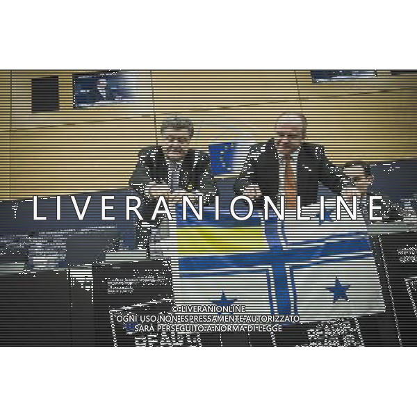 Petro Oleksiyovych Poroshenko Member of the Parliament of Ukraine and one of the Ukrainian opposition leaders (L) and Meber of European Parliament Chair of the Delegation to the EU-Ukraine Parliamentary Cooperation Committee Pawel Kowal hold the The Ukrainian Naval Forces flag the symbol of resistance against Russian invasion during press conference on The situation in Ukraine at European Parliament headquarters in Strasbourg, France on 12.03.2014 AG ALDO LIVERANI SAS ONLY ITALY