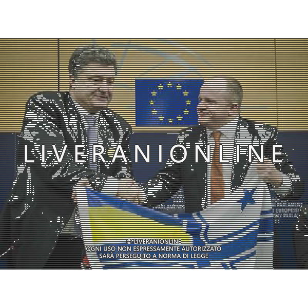 Petro Oleksiyovych Poroshenko Member of the Parliament of Ukraine and one of the Ukrainian opposition leaders (L) and Meber of European Parliament Chair of the Delegation to the EU-Ukraine Parliamentary Cooperation Committee Pawel Kowal hold the The Ukrainian Naval Forces flag the symbol of resistance against Russian invasion during press conference on The situation in Ukraine at European Parliament headquarters in Strasbourg, France on 12.03.2014 AG ALDO LIVERANI SAS ONLY ITALY