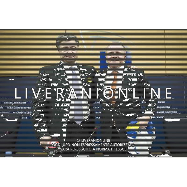 Petro Oleksiyovych Poroshenko Member of the Parliament of Ukraine and one of the Ukrainian opposition leaders (L) and Meber of European Parliament Chair of the Delegation to the EU-Ukraine Parliamentary Cooperation Committee Pawel Kowal during press conference on The situation in Ukraine at European Parliament headquarters in Strasbourg, France on 12.03.2014 AG ALDO LIVERANI SAS ONLY ITALY