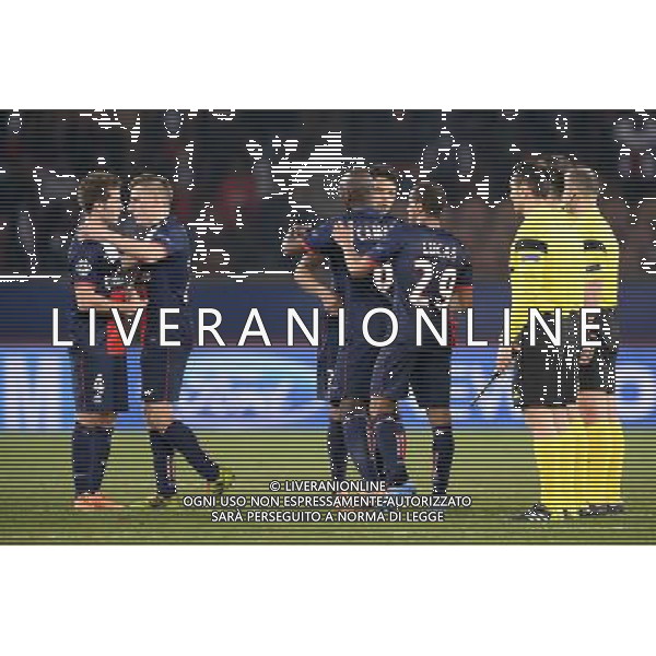 Joie PSG - Lucas DIGNE / Yohan CABAYE / Thiago SILVA / Zoumana CAMARA / Lucas MOURA - 12.03.2014 - Paris Saint Germain / Bayer Leverkusen - 1/8Finale Champions League Photo : SPPress / Icon Sport AG ALDO LIVERANI SAS ONLY ITALY