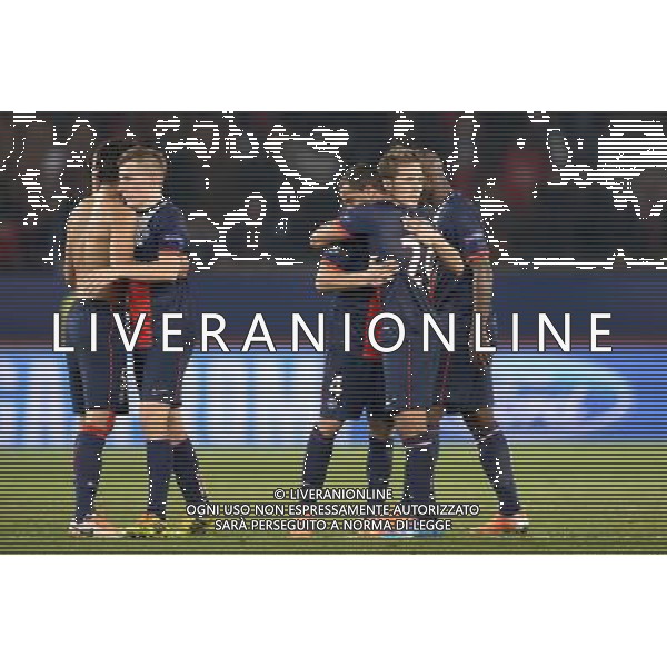 Joie PSG - MARQUINHOS / Lucas DIGNE / Yohan CABAYE / Lucas MOURA - 12.03.2014 - Paris Saint Germain / Bayer Leverkusen - 1/8Finale Champions League Photo : SPPress / Icon Sport AG ALDO LIVERANI SAS ONLY ITALY
