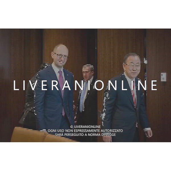 (140313) -- New York, March 13, 2014 () -- United Nations Secretary-General Ban Ki-moon (R) arrives for a meeting with Ukrainian Prime Minister Arseniy Yatsenyuk (L) at the UN headquarters in New York, on March 13, 2014. (/Niu Xiaolei) ©photoshot/AGENZIA ALDO LIVERANI SAS - ITALY ONLY - Il primo ministro ucraino Arseniy Yatsenyuk alla riunione del Consiglio di Sicurezza delle Nazioni Unite sullo status dell\'Ucraina, nella sede delle Nazioni Unite a New York, il 13 marzo 2014.