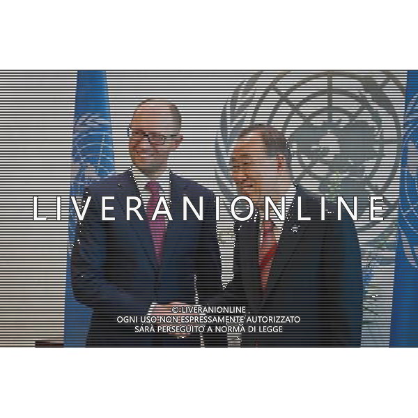 (140313) -- NEW YORK, March 13, 2014 () -- United Nations Secretary-General Ban Ki-moon (R) shakes hands with Ukrainian Prime Minister Arseniy Yatsenyuk during their meeting at the UN headquarters in New York, on March 13, 2014. (/Niu Xiaolei) ©photoshot/AGENZIA ALDO LIVERANI SAS - ITALY ONLY - Il primo ministro ucraino Arseniy Yatsenyuk alla riunione del Consiglio di Sicurezza delle Nazioni Unite sullo status dell\'Ucraina, nella sede delle Nazioni Unite a New York, il 13 marzo 2014.