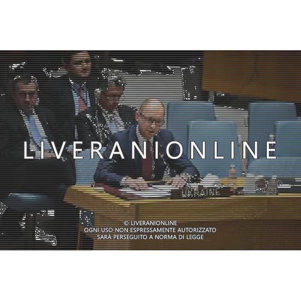 (140313) -- NEW YORK, March 13, 2014 () -- Ukrainian Prime Minister Arseniy Yatsenyuk (front) speaks during a United Nations Security Council meeting on the situation of Ukraine, at the UN headquarters in New York, on March 13, 2014. (/Niu Xiaolei) ©photoshot/AGENZIA ALDO LIVERANI SAS - ITALY ONLY - Il primo ministro ucraino Arseniy Yatsenyuk alla riunione del Consiglio di Sicurezza delle Nazioni Unite sullo status dell\'Ucraina, nella sede delle Nazioni Unite a New York, il 13 marzo 2014.