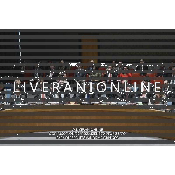 (140315) -- NEW YORK, March 15, 2014 () -- Russian Permanent Representative to the United Nations Vitaly Churkin (2nd L, front) votes against a UN Security Council draft resolution on Ukraine, at the UN headquarters in New York, on March 15, 2014. The UN Security Council on Saturday failed to adopt a draft resolution on Ukraine, which otherwise would declare the March 16 referendum on the status of the Russian-speaking Crimea \'can have no validity,\' and urge nations and international organizations not to recognize it. (/Niu Xiaolei) (zjl) AG ALDO LIVERANI SAS ONLY ITALY