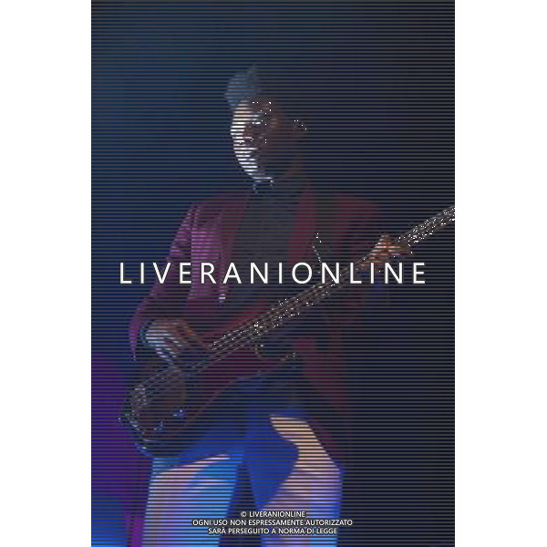 Metronomy performing at Manchester Ritz, England on 14th March 2014. Gbenga Adelekan - bass guitar and vocals. AG ALDO LIVERANI SAS ONLY ITALY