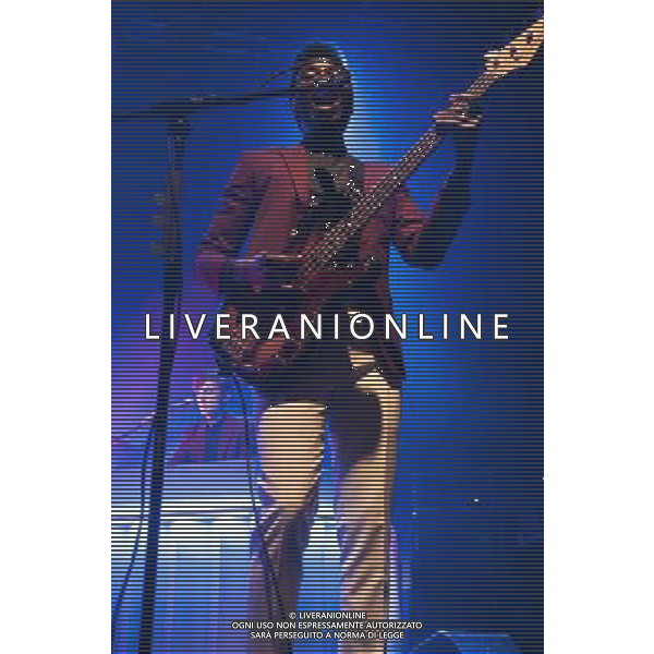 Metronomy performing at Manchester Ritz, England on 14th March 2014. Gbenga Adelekan - bass guitar and vocals. AG ALDO LIVERANI SAS ONLY ITALY