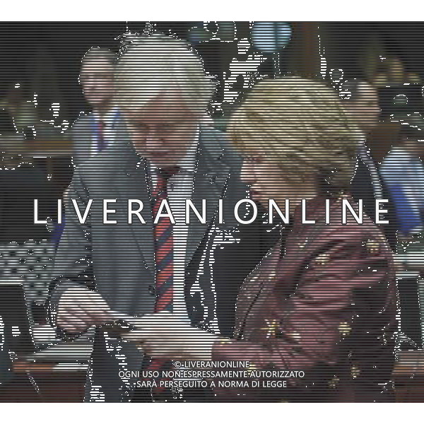 (L-R) Finnish Foreign Minister Erkki Tuomioja and the European Union High Representative for foreign affairs Catherine Ashton, from Britain at the start of the European Union Foreign Ministers council on the situation in Ukraine at European Council headquarters in Brussels, Belgium on 17.03.2014 EU foreign ministers are due to discuss further sanctions against Russia after a Moscow-backed referendum in Crimea backed a split from Ukraine. The 28-member bloc is considering a visa ban and an asset freeze against a number of Russian officials. More than 95 percent of Crimean voters backed joining Russia, local officials said. by Wiktor Dabkowski AG ALDO LIVERANI SAS ONLY ITALY