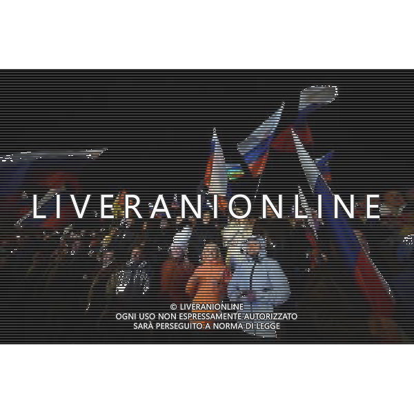 (140316) -- SIMFEROPOL, March 16, 2014 () -- Crimeans holding russian flags celebrate in front of the parliament building in Simferopol, capital of Ukraine\'s Autonomous Republic of Crimea, March 16, 2014. Although the 2014 Crimea referendum was still in process and results might take hours of processing before coming out, Crimeans in the capital city of the peninsula were already seen streaming toward the central city square for celebration. Local television quoted late Sunday an exit poll by the Crimean Republic Institute for Political and Social Studies as saying that 93 percent of voters in the Autonomous Republic of Crimea were in favor of reunification with Russia. (/Sadat) AG ALDO LIVERANI SAS ONLY ITALY