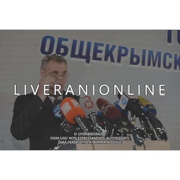 (140316) -- SIMFEROPOL, March 16, 2014 () -- Mikhail Malyshev, chairman of the commission preparing and holding the All-Crimea Referendum in the Autonomous Republic of Crimea, speaks to the press in Simferopol, capital of Ukraine\'s Autonomous Republic of Crimea, March 16, 2014. By halfway tally, Sunday\'s Crimea referendum has polled 95.5 percent of approval for reunification with Russia, 3.5 percent in favor of staying with Ukraine with increased autonomy, according to official sources. (/Sadat) AG ALDO LIVERANI SAS ONLY ITALY
