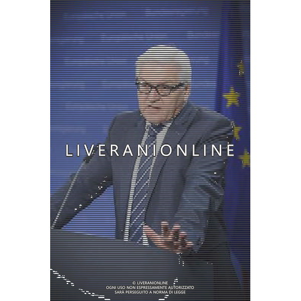 German Foreign Minister Frank-Walter Steinmeier holds press conference during the European foreign affairs ministers council in Brussels, Belgium on 17.03.2014 EU foreign ministers are due to discuss further sanctions against Russia after a Moscow-backed referendum in Crimea backed a split from Ukraine. The 28-member bloc is considering a visa ban and an asset freeze against a number of Russian officials. More than 95 percent of Crimean voters backed joining Russia, local officials said. by Wiktor Dabkowski AG ALDO LIVERANI SAS ONLY ITALY