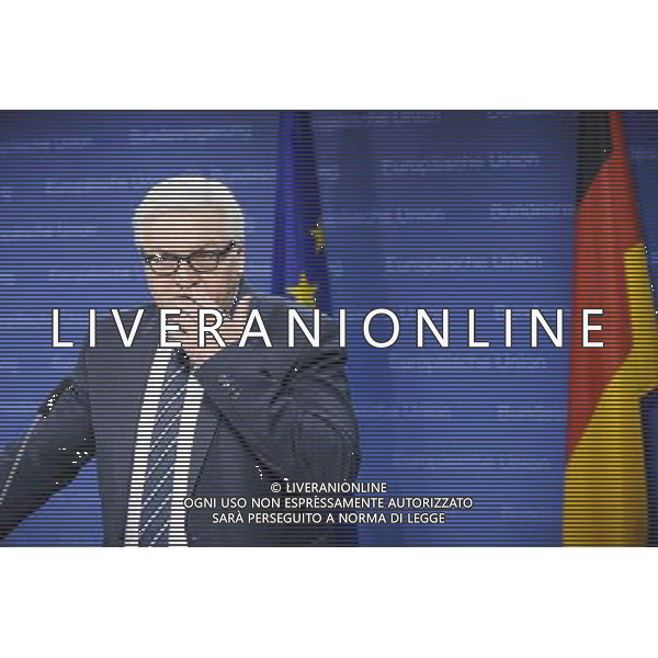 German Foreign Minister Frank-Walter Steinmeier holds press conference during the European foreign affairs ministers council in Brussels, Belgium on 17.03.2014 EU foreign ministers are due to discuss further sanctions against Russia after a Moscow-backed referendum in Crimea backed a split from Ukraine. The 28-member bloc is considering a visa ban and an asset freeze against a number of Russian officials. More than 95 percent of Crimean voters backed joining Russia, local officials said. by Wiktor Dabkowski AG ALDO LIVERANI SAS ONLY ITALY