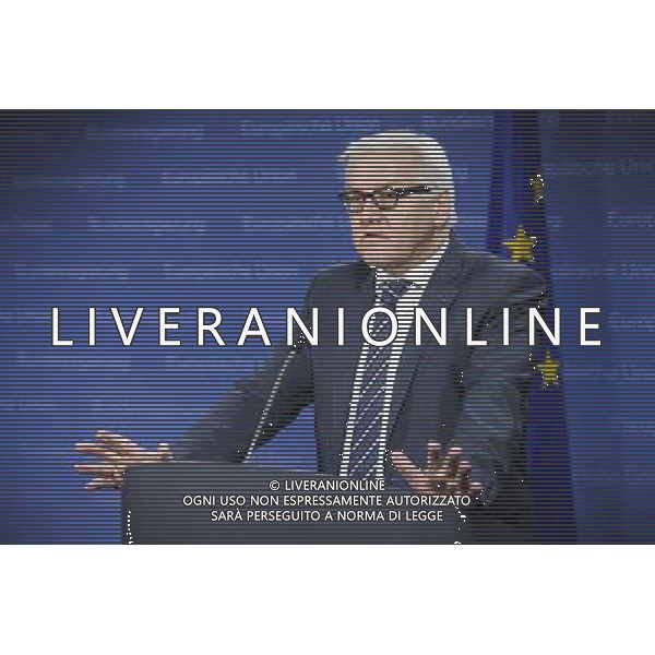 German Foreign Minister Frank-Walter Steinmeier holds press conference during the European foreign affairs ministers council in Brussels, Belgium on 17.03.2014 EU foreign ministers are due to discuss further sanctions against Russia after a Moscow-backed referendum in Crimea backed a split from Ukraine. The 28-member bloc is considering a visa ban and an asset freeze against a number of Russian officials. More than 95 percent of Crimean voters backed joining Russia, local officials said. by Wiktor Dabkowski AG ALDO LIVERANI SAS ONLY ITALY