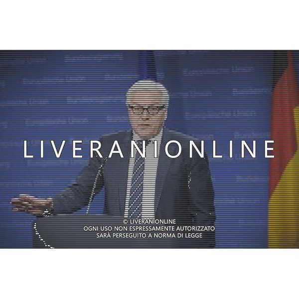 German Foreign Minister Frank-Walter Steinmeier holds press conference during the European foreign affairs ministers council in Brussels, Belgium on 17.03.2014 EU foreign ministers are due to discuss further sanctions against Russia after a Moscow-backed referendum in Crimea backed a split from Ukraine. The 28-member bloc is considering a visa ban and an asset freeze against a number of Russian officials. More than 95 percent of Crimean voters backed joining Russia, local officials said. by Wiktor Dabkowski AG ALDO LIVERANI SAS ONLY ITALY