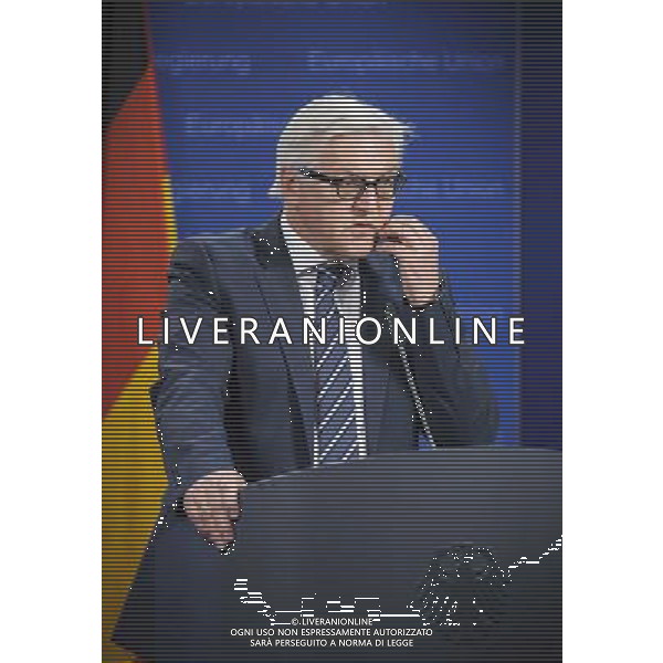 German Foreign Minister Frank-Walter Steinmeier holds press conference during the European foreign affairs ministers council in Brussels, Belgium on 17.03.2014 EU foreign ministers are due to discuss further sanctions against Russia after a Moscow-backed referendum in Crimea backed a split from Ukraine. The 28-member bloc is considering a visa ban and an asset freeze against a number of Russian officials. More than 95 percent of Crimean voters backed joining Russia, local officials said. by Wiktor Dabkowski AG ALDO LIVERANI SAS ONLY ITALY