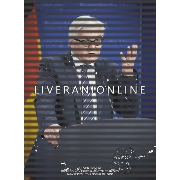 German Foreign Minister Frank-Walter Steinmeier holds press conference during the European foreign affairs ministers council in Brussels, Belgium on 17.03.2014 EU foreign ministers are due to discuss further sanctions against Russia after a Moscow-backed referendum in Crimea backed a split from Ukraine. The 28-member bloc is considering a visa ban and an asset freeze against a number of Russian officials. More than 95 percent of Crimean voters backed joining Russia, local officials said. by Wiktor Dabkowski AG ALDO LIVERANI SAS ONLY ITALY