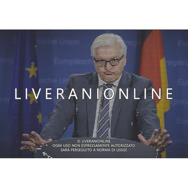 German Foreign Minister Frank-Walter Steinmeier holds press conference during the European foreign affairs ministers council in Brussels, Belgium on 17.03.2014 EU foreign ministers are due to discuss further sanctions against Russia after a Moscow-backed referendum in Crimea backed a split from Ukraine. The 28-member bloc is considering a visa ban and an asset freeze against a number of Russian officials. More than 95 percent of Crimean voters backed joining Russia, local officials said. by Wiktor Dabkowski AG ALDO LIVERANI SAS ONLY ITALY