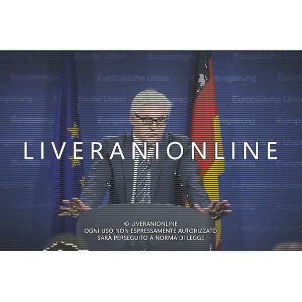 German Foreign Minister Frank-Walter Steinmeier holds press conference during the European foreign affairs ministers council in Brussels, Belgium on 17.03.2014 EU foreign ministers are due to discuss further sanctions against Russia after a Moscow-backed referendum in Crimea backed a split from Ukraine. The 28-member bloc is considering a visa ban and an asset freeze against a number of Russian officials. More than 95 percent of Crimean voters backed joining Russia, local officials said. by Wiktor Dabkowski AG ALDO LIVERANI SAS ONLY ITALY