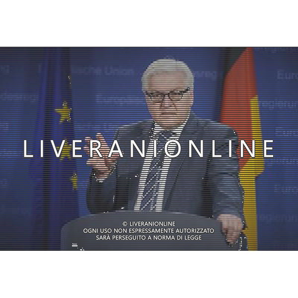 German Foreign Minister Frank-Walter Steinmeier holds press conference during the European foreign affairs ministers council in Brussels, Belgium on 17.03.2014 EU foreign ministers are due to discuss further sanctions against Russia after a Moscow-backed referendum in Crimea backed a split from Ukraine. The 28-member bloc is considering a visa ban and an asset freeze against a number of Russian officials. More than 95 percent of Crimean voters backed joining Russia, local officials said. by Wiktor Dabkowski AG ALDO LIVERANI SAS ONLY ITALY