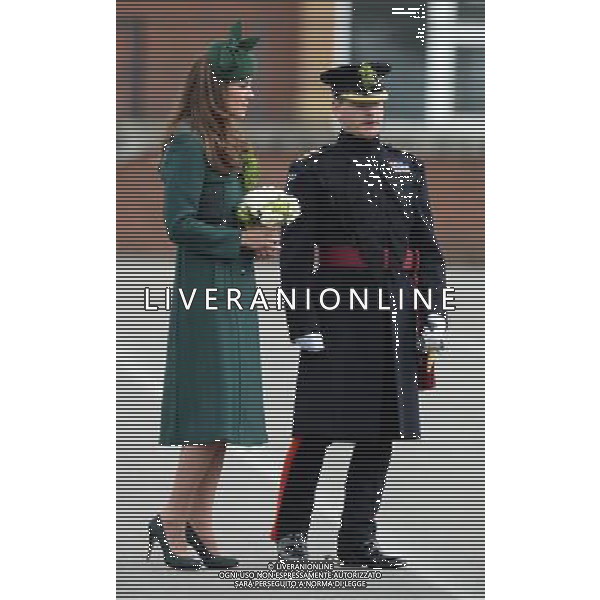 The Duke and Duchess of Cambridge visit the 1st Battalion Irish Guards at the St. Patrick\'s Day Parade at Mons Barracks, Aldershot, Hampshire.The Duke of Cambridge attended the Parade as Colonel of the Regiment. The Duchess of Cambridge presented the traditional sprigs of shamrocks to the Officers and Guardsmen of the Regiment. 17.3.14 ©PHOTOSHOT/AGENZIA ALDO LIVERANI SAS - ITALY ONLY - REALI INGLESI: Il Principe William e Kate Middleton Duchessa di Cambridge visitano il 1mo Battaglione delle Guardie Irlandesi presso il St. Patricks Day Parade a Mons Barracks Aldershot 17 Marzo, 2014
