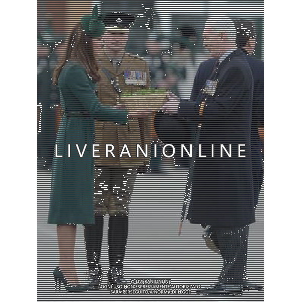 The Duke and Duchess of Cambridge visit the 1st Battalion Irish Guards at the St. Patrick\'s Day Parade at Mons Barracks, Aldershot, Hampshire.The Duke of Cambridge attended the Parade as Colonel of the Regiment. The Duchess of Cambridge presented the traditional sprigs of shamrocks to the Officers and Guardsmen of the Regiment. 17.3.14 ©PHOTOSHOT/AGENZIA ALDO LIVERANI SAS - ITALY ONLY - REALI INGLESI: Il Principe William e Kate Middleton Duchessa di Cambridge visitano il 1mo Battaglione delle Guardie Irlandesi presso il St. Patricks Day Parade a Mons Barracks Aldershot 17 Marzo, 2014