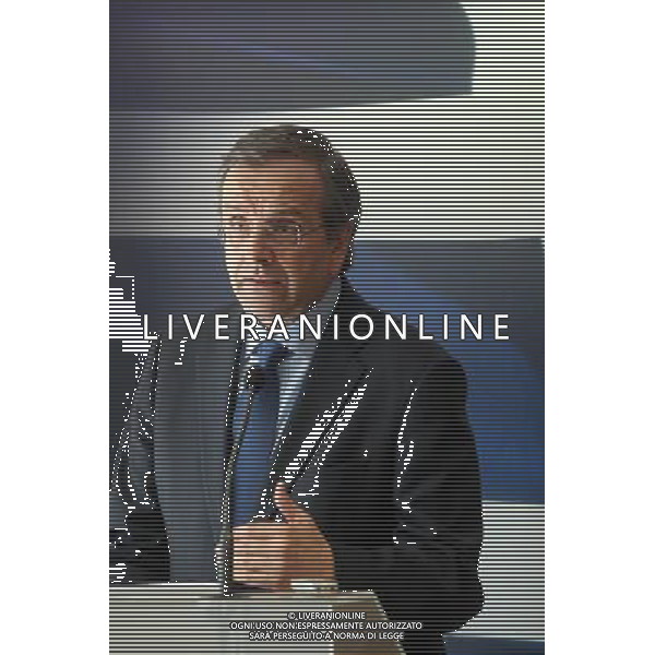 (140318) -- ATHENS, March 18, 2014 () -- Greek Prime Minister Antonis Samaras speaks to the press at the Finance Ministry after marathon talks with envoys of international lenders in Athens, Greece, March 18, 2014. Greece has struck an agreement with Troika auditors on the terms of the disbursement of further bailout aid to the country, Greek Prime Minister Antonis Samaras announced on Tuesday in Athens. (/Marios Lolos) (djj) AG ALDO LIVERANI SAS ONLY ITALY