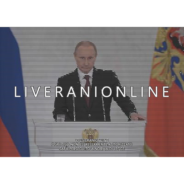 2014/03/18 18 marzo 2014. Il presidente russo Vladimir Putin durante un discorso davanti alla Duma, il Consiglio della Federazione, i capi delle regioni russe ei rappresentanti della società civile in relazione con l\'appello della Repubblica di Crimea e la città di Sebastopoli per l\'ammissione alla Federazione russa. Alexei Nikolsky / RIA Novosti AG ALDOL IVERANI SAS ONLY ITALY