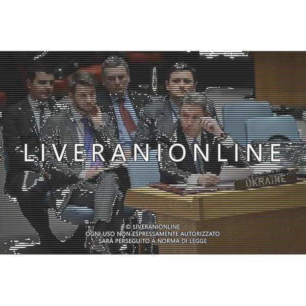 (140319) -- NEW YORK, March 19, 2014 () -- Ukrainian Ambassador to the United Nations Yuriy Sergeyev (1st R) speaks during a Security Council meeting on the situation of Ukraine, at the UN headquarters in New York, on March 19, 2014. Inclusivity, institution- building and international/regional support are the three key ingredients to long-lasting post-conflict peace, top UN officials said on Wednesday as they called on the UN Security Council to help shape a more effective UN peace building architecture. (/Niu Xiaolei) AG ALDO LIVERANI SAS ONLY ITALY