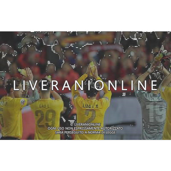 (140312) -- YOKOHAMA, March 12, 2014 () -- Supporters of Guangzhou Evergrande greet the audience after the AFC Champions League match between Guangzhou Evergrande and Yokohama F Marinos in Yokohama, Japan, March 12, 2014. The match ended in 1-1 draw. (/Liu Dawei) (hy) ©photohsot/AGENZIA ALDO LIVERANI SAS - ITALY ONLY - Guangzhou Evergrande Vs Yokohama F Marinos partita AFC Champions League a Yokohama, Giappone, 12 marzo, 2014.