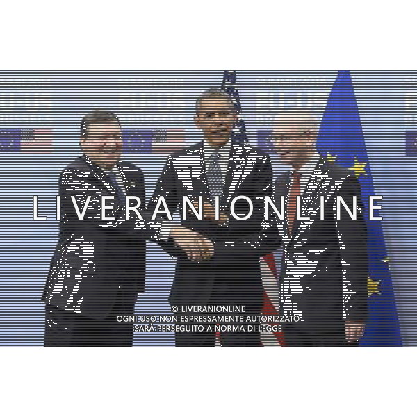 US President Barack Obama (C) is welcomed by EU Council President Herman Van Rompuy (R) and EU Commission President Jose Manuel Barroso (L) at the European Council headquarters in Brussels, Belgium on 26.03.2014 Obama is in Brussels for a EU-US summit. The US leader is on a week-long trip to Europe and Saudi Arabia, which has already included two days of international talks in the Netherlands. by Wiktor Dabkowski AG ALDO LIVERANI SAS ONLY ITALY