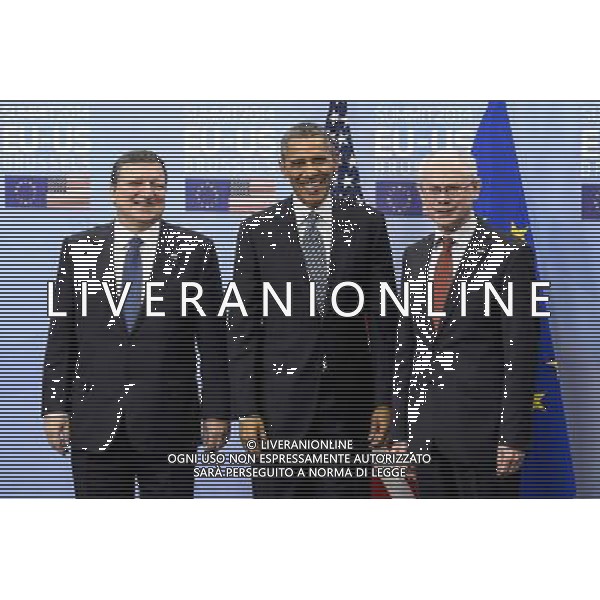 US President Barack Obama (C) is welcomed by EU Council President Herman Van Rompuy (R) and EU Commission President Jose Manuel Barroso (L) at the European Council headquarters in Brussels, Belgium on 26.03.2014 Obama is in Brussels for a EU-US summit. The US leader is on a week-long trip to Europe and Saudi Arabia, which has already included two days of international talks in the Netherlands. by Wiktor Dabkowski AG ALDO LIVERANI SAS ONLY ITALY