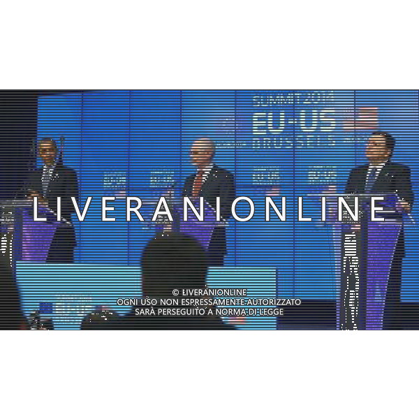 (140326) -- BRUSSELS, March 26, 2014 () -- U.S. President Barack Obama (L), European Council president Herman Van Rompuy (C) and European Commission president Jose Manuel Barroso hold a joint press conference during the EU-US Summit at the EU Headquarters in Brussels on March 26, 2014. (/Gong Bing) AG ALDO LIVERANI SAS ONLY ITALY