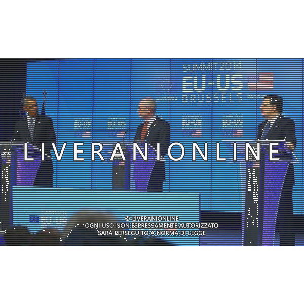 (140326) -- BRUSSELS, March 26, 2014 () -- U.S. President Barack Obama (L), European Council president Herman Van Rompuy (C) and European Commission president Jose Manuel Barroso hold a joint press conference during the EU-US Summit at the EU Headquarters in Brussels on March 26, 2014. (/Gong Bing) AG ALDO LIVERANI SAS ONLY ITALY