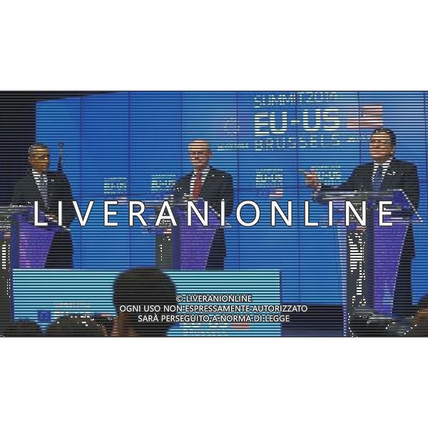 (140326) -- BRUSSELS, March 26, 2014 () -- U.S. President Barack Obama (L), European Council President Herman Van Rompuy (C) and European Commission President Jose Manuel Barroso hold a joint press conference during the EU-US Summit at the EU Headquarters in Brussels on March 26, 2014. (/Gong Bing) AG ALDO LIVERANI SAS ONLY ITALY