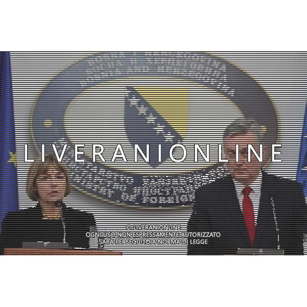 (140328) -- SARAJEVO, March 28, 2014 () -- Croatian Foreign Minister Vesna Pusic (L) and Foreign Minister of Bosnia and Herzegovina (BiH) Zlatko Lagumdzija attend a news conference during the international conference on prevention of sexual violence in conflicts, in Sarajevo, capital of BiH, on March 28, 2014. The international conference on prevention of sexual violence in conflicts opened here on Friday, organized by Ministry of Defense of Bosnia and Herzegovina (BiH). (/Haris Memija) AG ALDO LIVERANI SAS ONLY ITALY