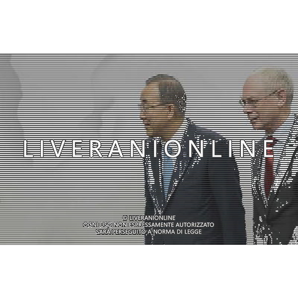 Ban Ki-Moon, Secretary-General of the United Nations (L) arrives for bilateral meeting with Herman Van Rompuy , the president of the European Council at European Council headquarters in Brussels, Belgium on 01.04.2014 by Wiktor Dabkowski AG ALDO LIVERANI SAS ONLY ITALY