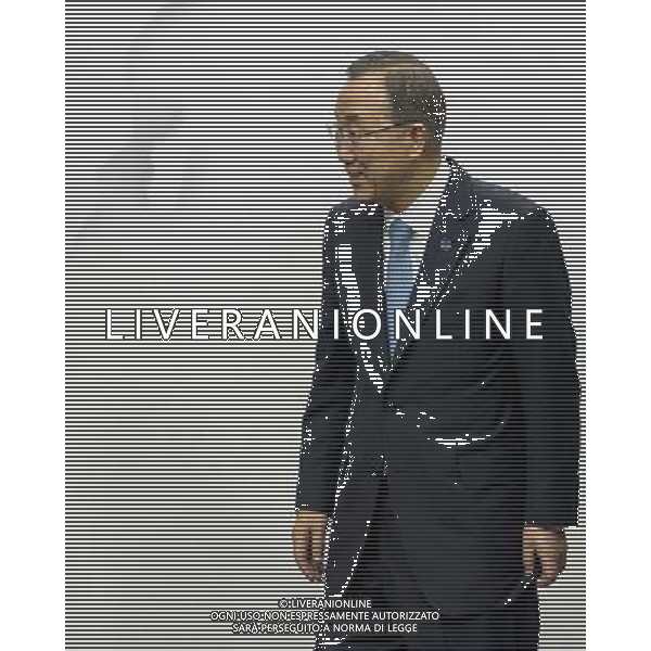 Ban Ki-Moon, Secretary-General of the United Nations (L) arrives for bilateral meeting at European Council headquarters in Brussels, Belgium on 01.04.2014 by Wiktor Dabkowski AG ALDO LIVERANI SAS ONLY ITALY
