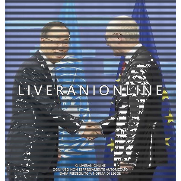 Ban Ki-Moon, Secretary-General of the United Nations (L) arrives for bilateral meeting with Herman Van Rompuy , the president of the European Council at European Council headquarters in Brussels, Belgium on 01.04.2014 by Wiktor Dabkowski AG ALDO LIVERANI SAS ONLY ITALY