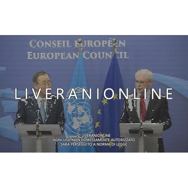 Ban Ki-Moon, Secretary-General of the United Nations (L) and Herman Van Rompuy , the president of the European Council hold press conference after their bilateral meeting prior to the EU - Africa summit at European Council headquarters in Brussels, Belgium on 01.04.2014 by Wiktor Dabkowski AG ALDO LIVERANI SAS ONLY ITALY